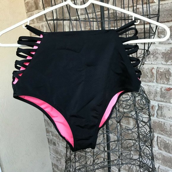 Pink Victoria's Secret Black Strappy Bikini Bottoms Small High Waist Pink Liner